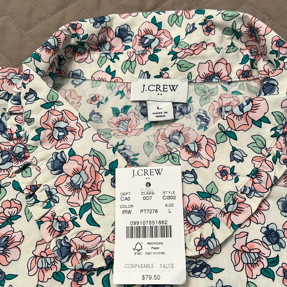 J. Crew Floral Puff-Sleeve Ruffle-Collar Top/NWT/L - Picture 6 of 10